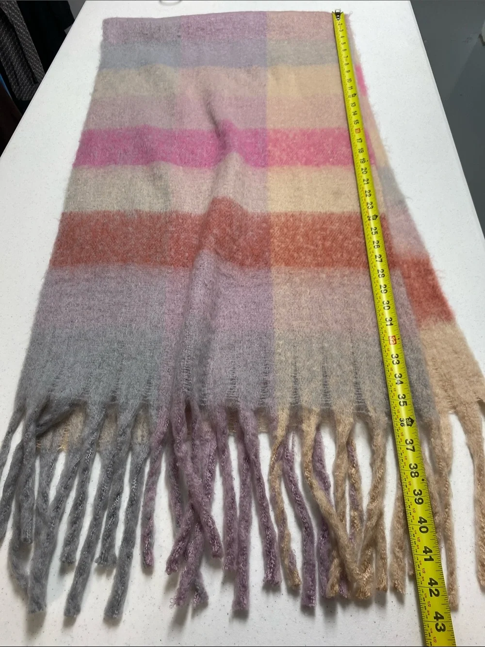 Oversized Pastel Plaid Blanket Scarf Fuzzy Fringe Wrap Shawl Pink Gray Cozy